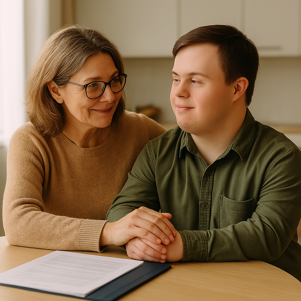 A middle-aged mother with shoulder-length wavy brown hair sits beside her adult son with Down syndrome in a warmly lit kitchen. She gently rests her hand on his and smiles with affection, while he looks at her calmly.