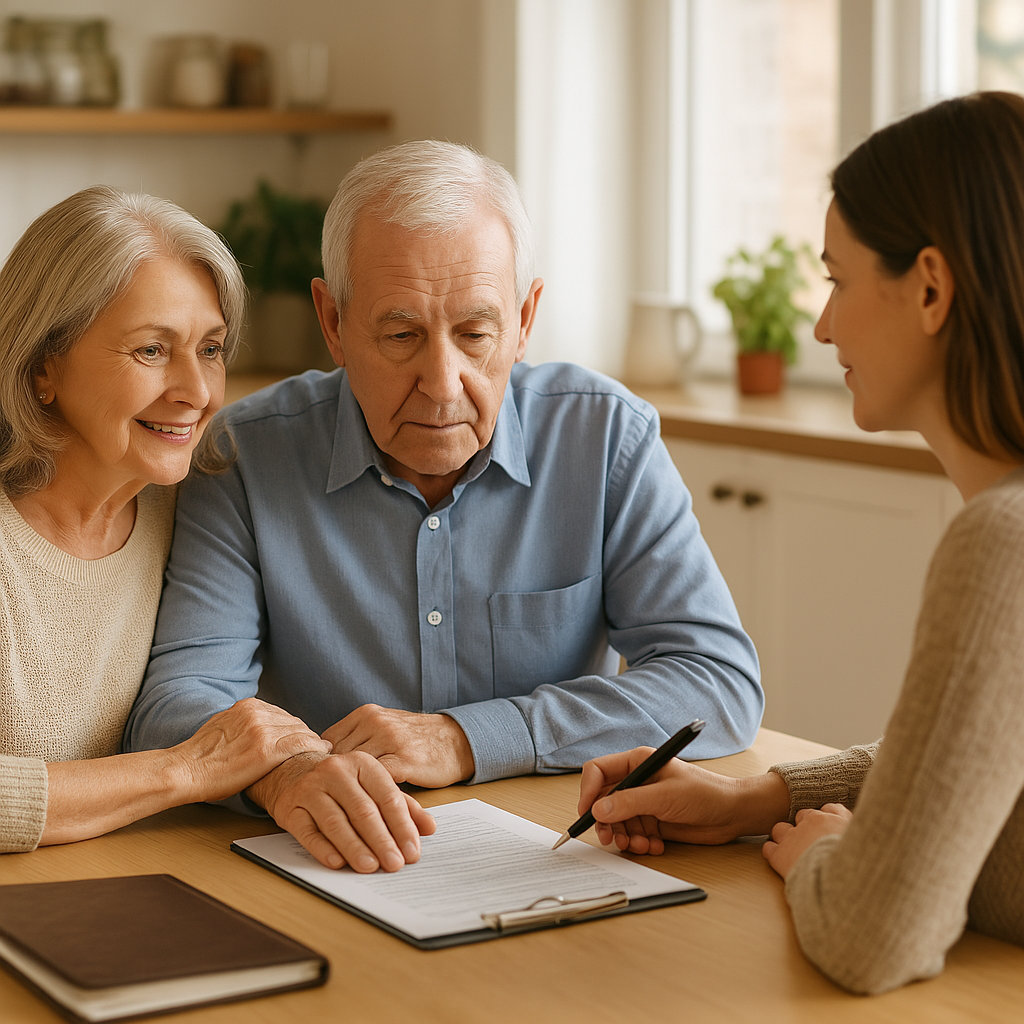 An elderly couple sits at a wooden kitchen table with a younger woman. The man reviews a document while the woman smiles supportively. The younger woman holds a pen and listens attentively, creating a warm and collaborative atmosphere.