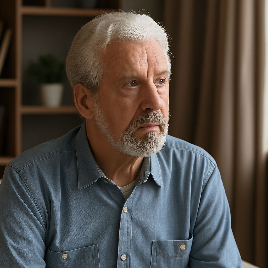 a Veteran an older man with a grey beard and grey hair is looking concerned.