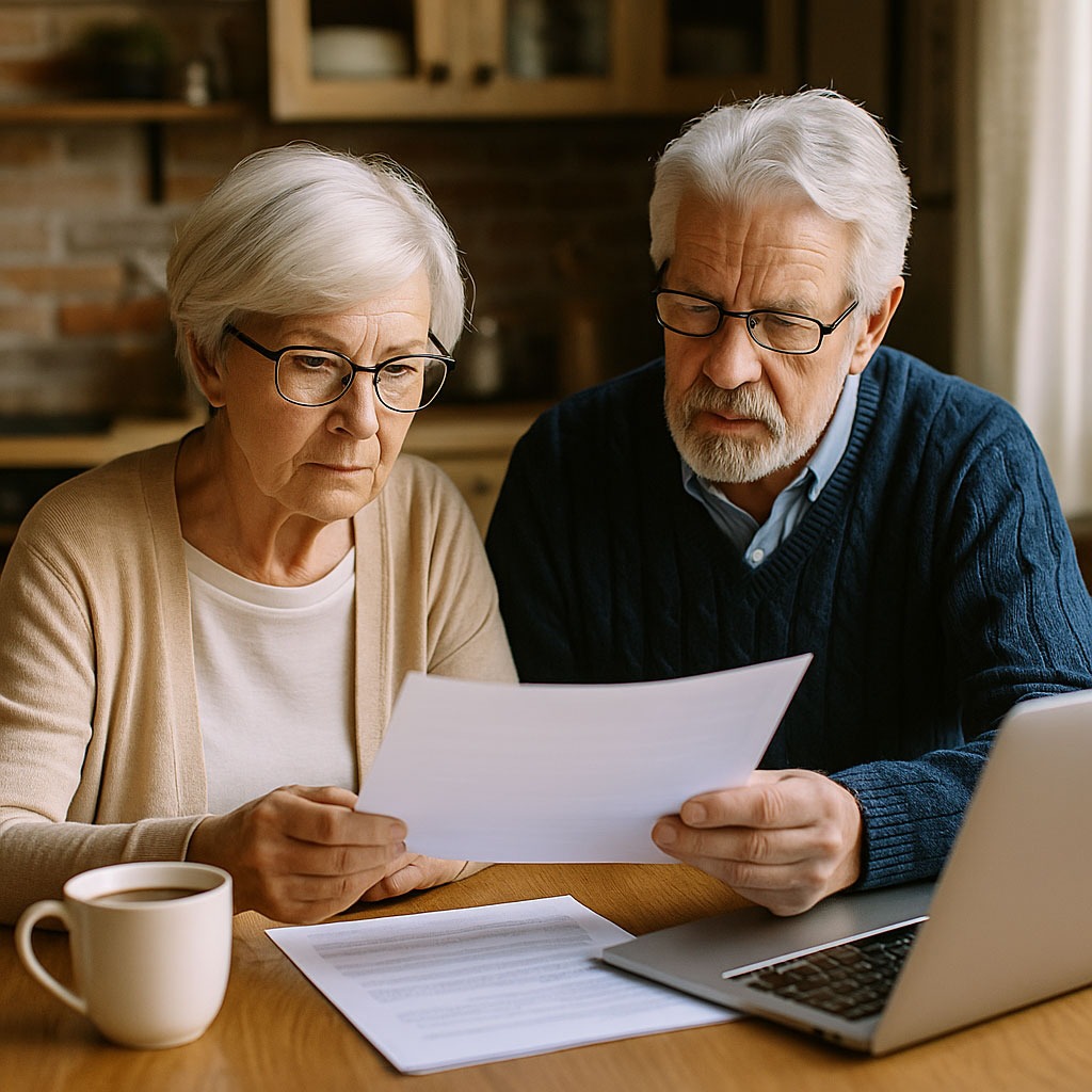 Elderly couple sitting at a dining table reviewing documents together with a laptop and tea, symbolizing proactive Medicaid and long-term care planning.